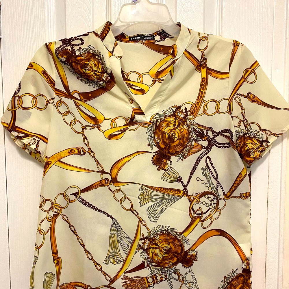 SHEIN NWOT Cream and Brown Casual Top with Intricate Pattern